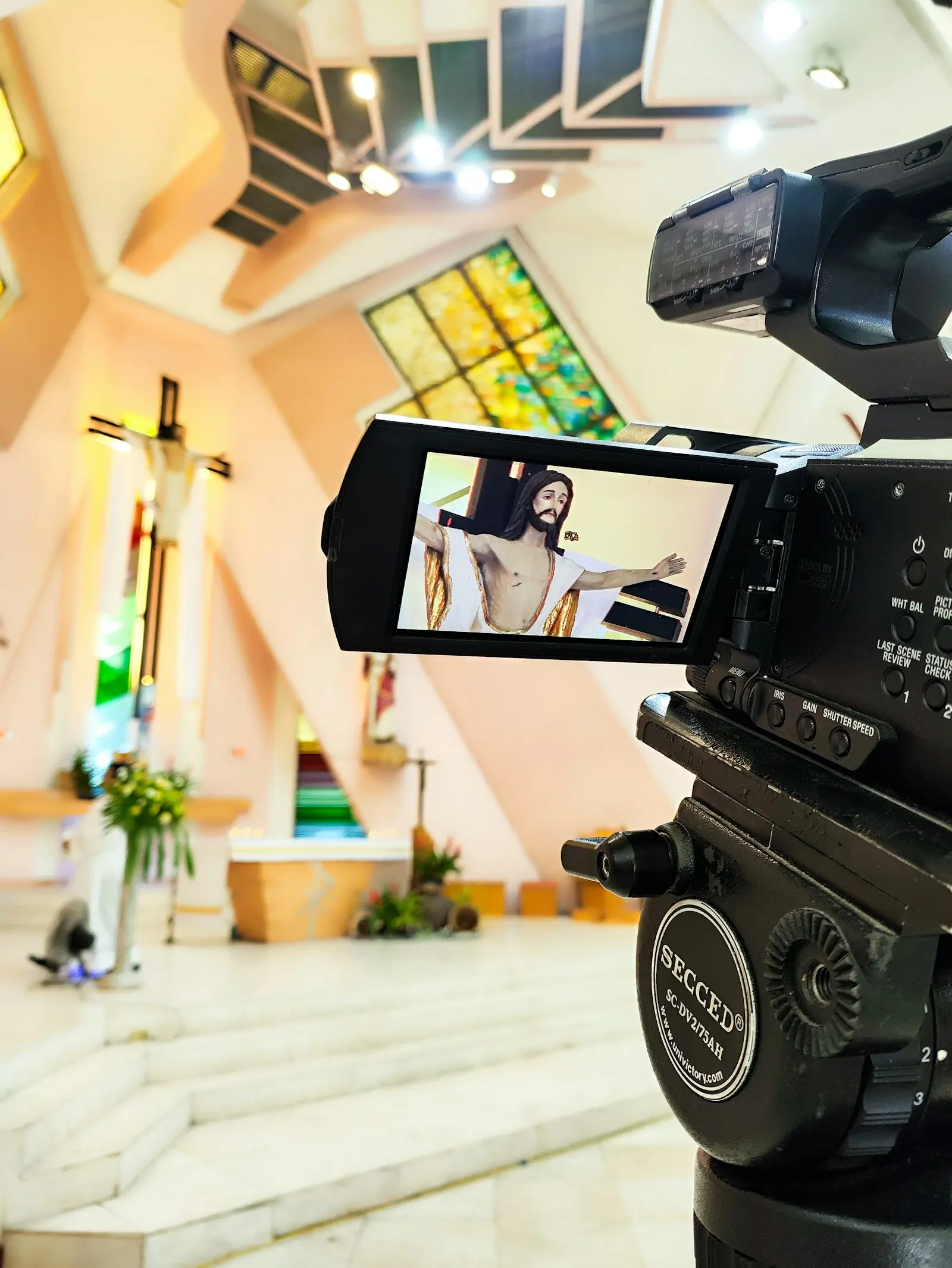 A camera livestreaming a church service