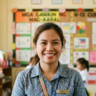 A smiling Filipina teacher in her classroom